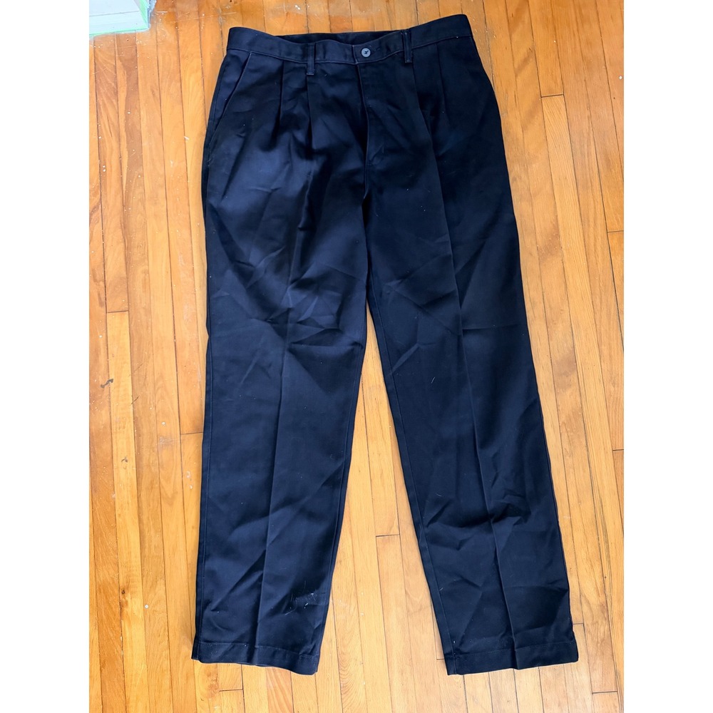 Mens Black Pleated Trousers Relaxed Fit Straight Leg Dress Pants 34x30